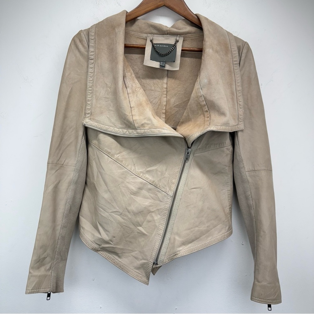 Muubaa size 2 Women’s Sabina Drizzle Drape Cardi Beige Leather Moto Biker Jacket